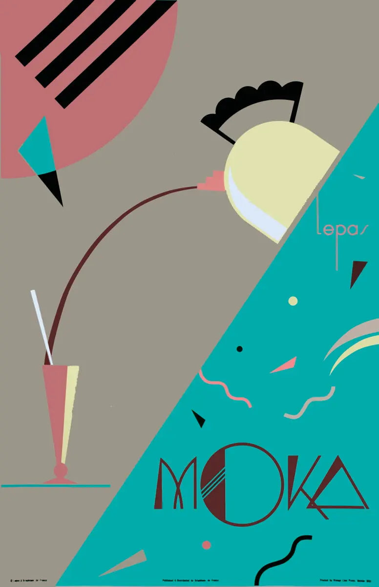 Charles Lepas Moka 1992 original serigraph coffee art poster showing a detailed coffee cup and artistic design on textured paper.