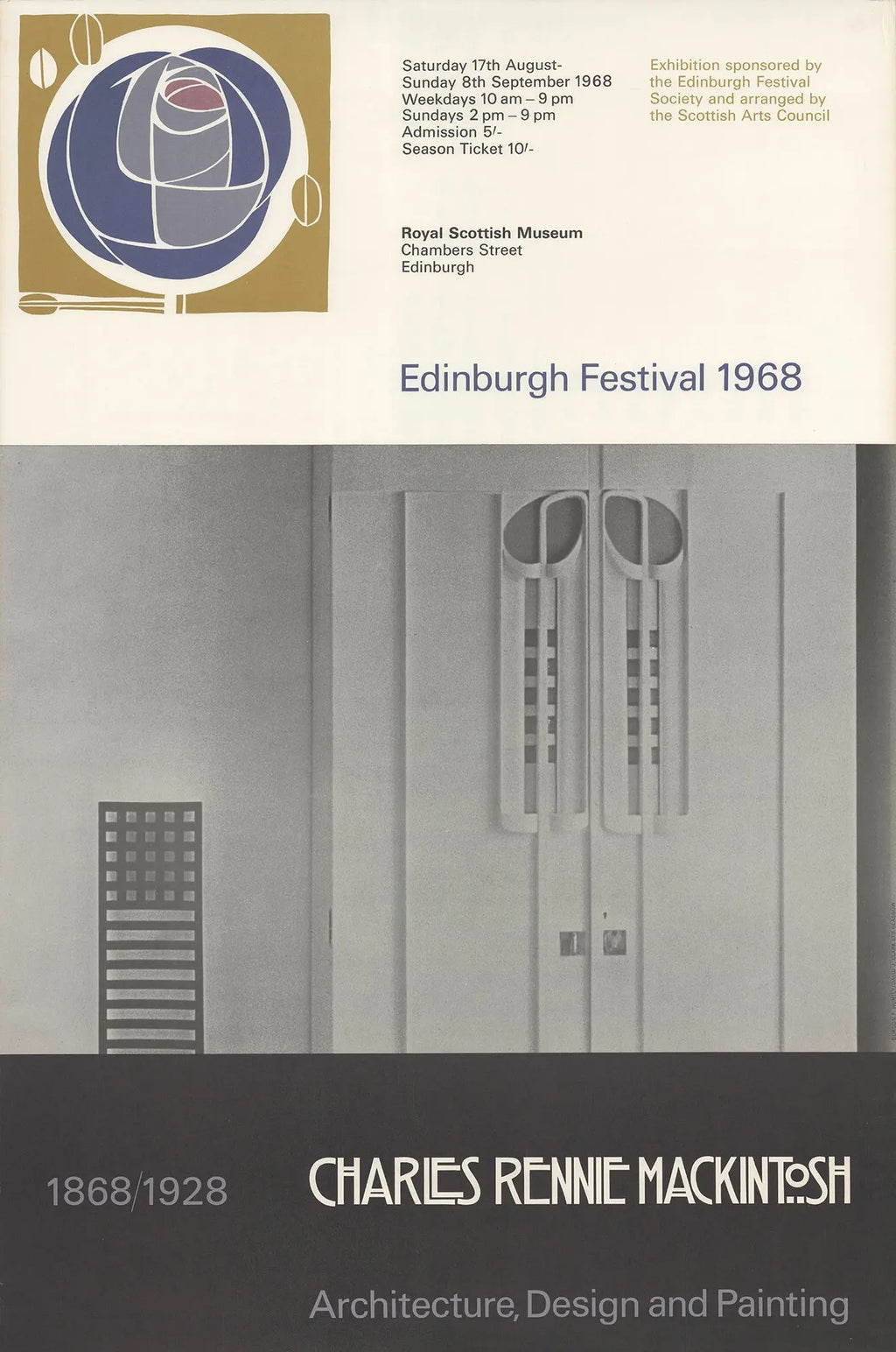 Vintage Charles Rennie Mackintosh Edinburgh Festival 1968 exhibition poster featuring art and design from the renowned Scottish artist.