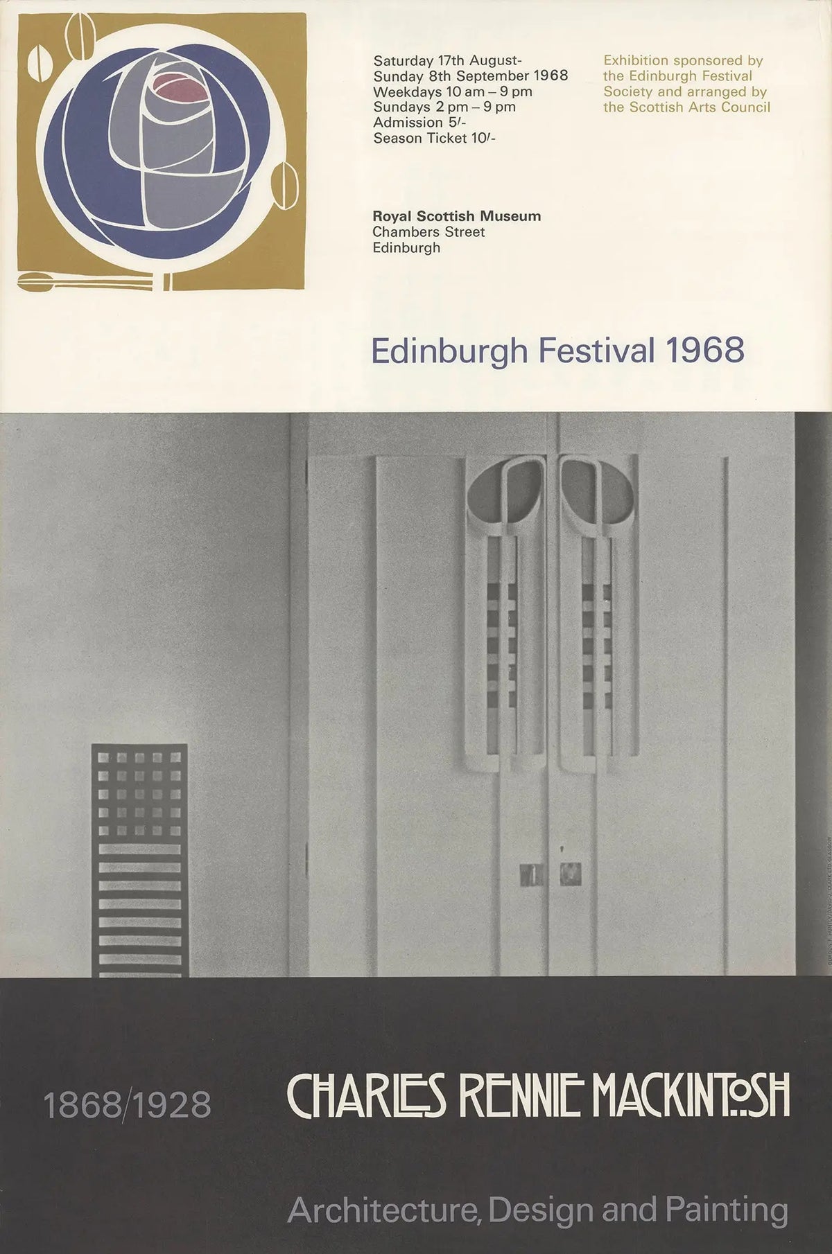 Vintage Charles Rennie Mackintosh Edinburgh Festival 1968 exhibition poster featuring art and design from the renowned Scottish artist.