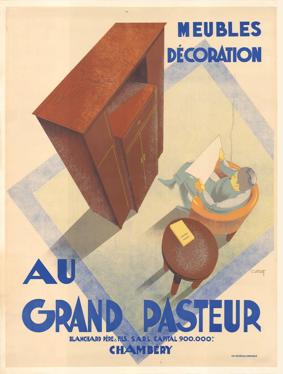 Original Charles Villot Grand Pasteur 1935 Art Deco lithograph poster, featuring bold geometric design and vintage typography.