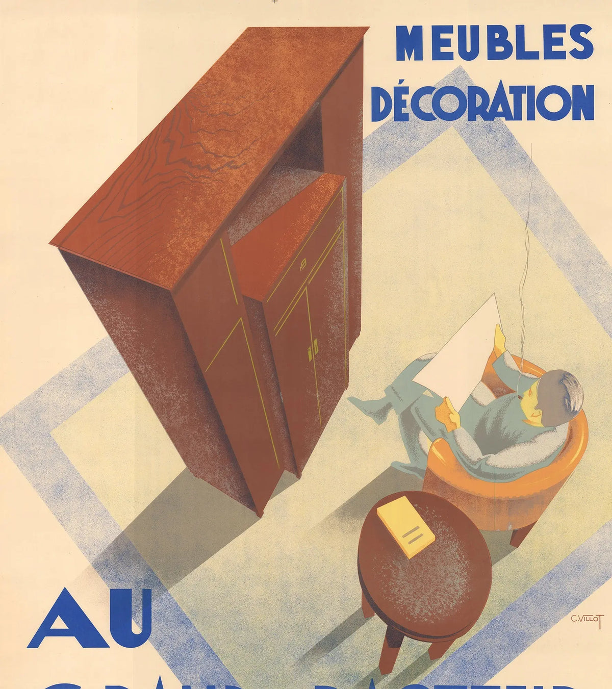 Original Art Deco lithograph poster by Charles Villot, Grand Pasteur 1935, featuring bold geometric design and vintage artistic style.