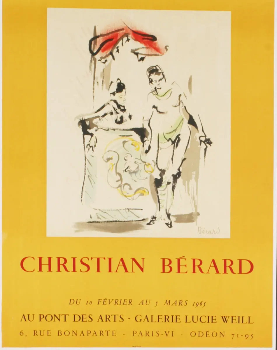 Original Christian Berard lithograph poster from Galerie Lucie Weill, 1965, showcasing vibrant abstract artwork.
