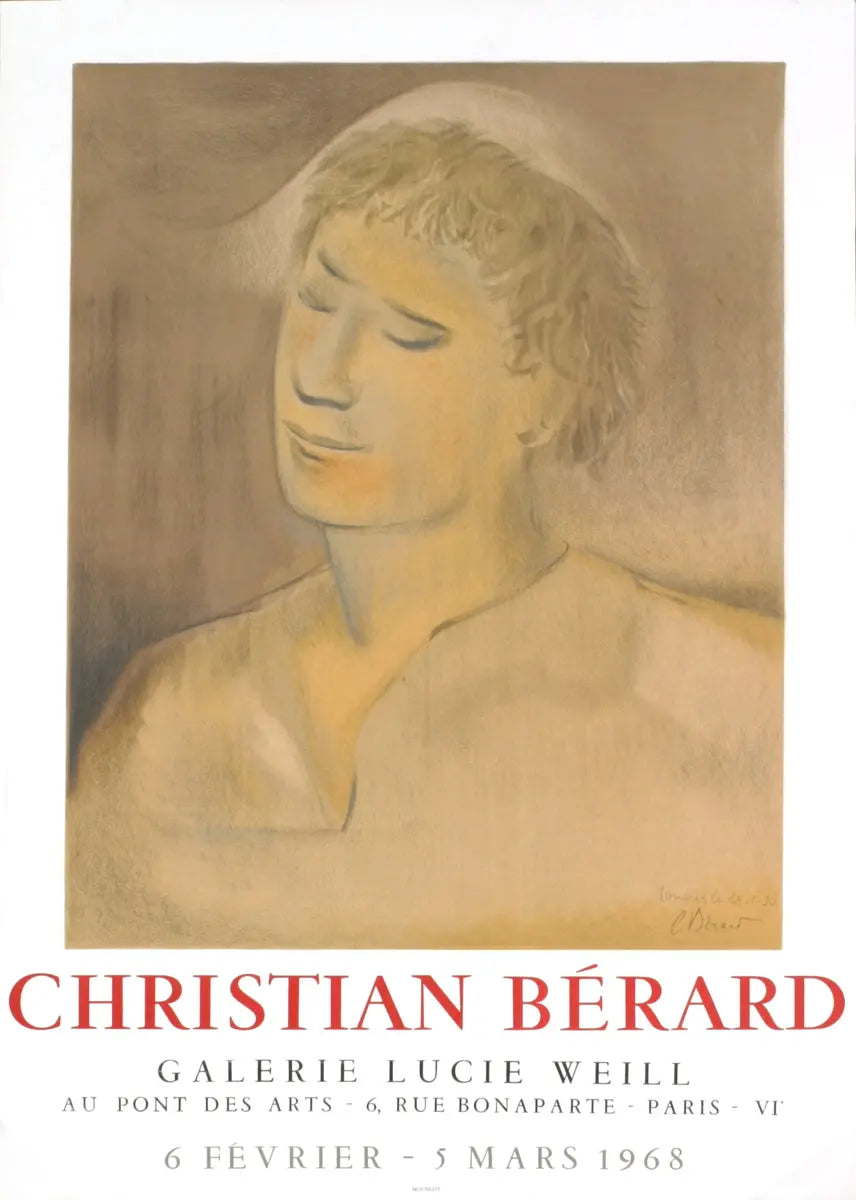 Original Christian Berard lithograph exhibition poster from 1968 featuring artwork displayed at Galerie Lucie Weill.