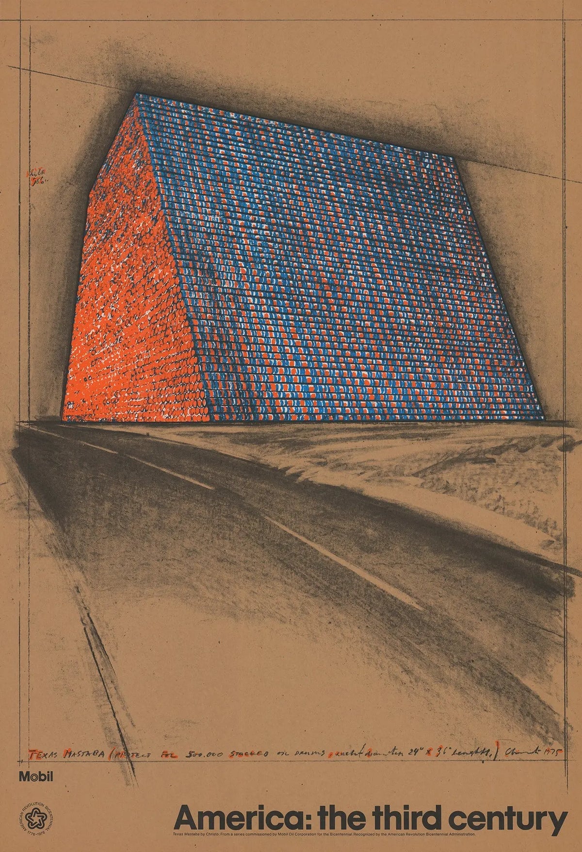 Christo Javacheff original lithograph poster of wrapped oil barrels from Texas 1976 exhibition, featuring vibrant artwork.