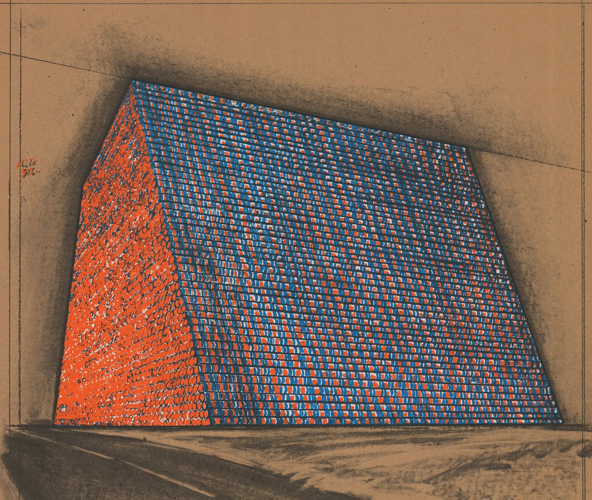 Christo Javacheff original lithograph poster of Wrapped Oil Barrels Texas 1976 for exhibition, featuring detailed artwork of the installation.