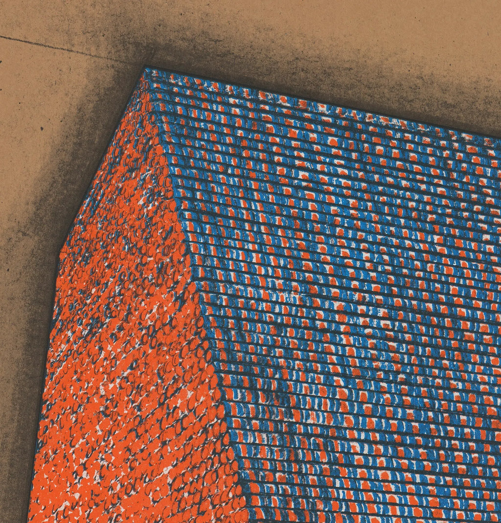 Christo Javacheff original lithograph poster of wrapped oil barrels from Texas 1976 exhibition showcasing colorful artwork.