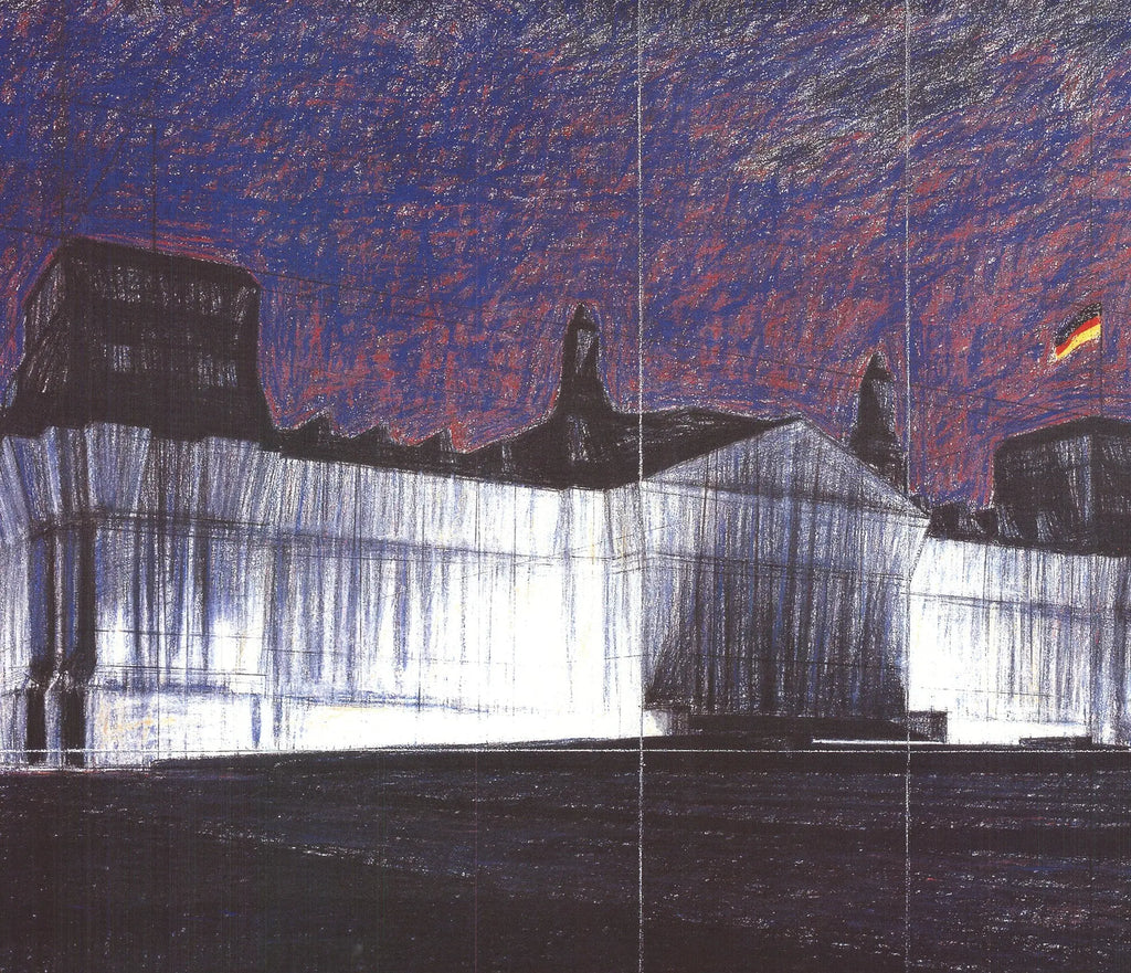 Christo Javacheff's offset lithograph poster of the Christo Wrapped Reichstag Project in Berlin, 1993, showcasing the artwork's details.