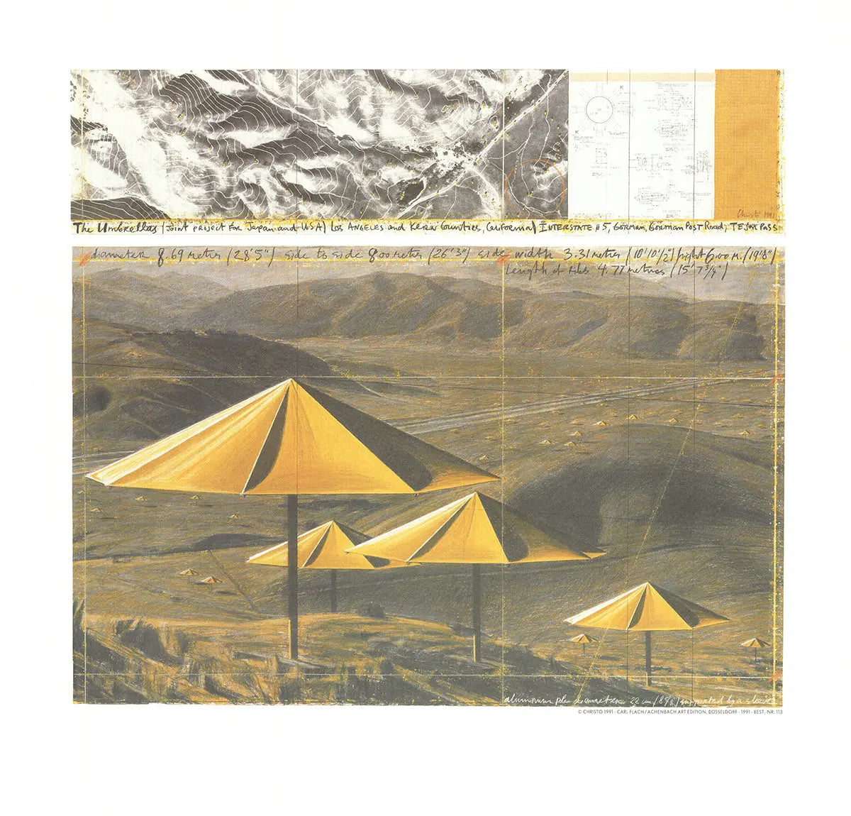 Offset lithograph poster of Javacheff Christo's Yellow Umbrellas 1991 exhibition by Christo & Jeanne-Claude, featuring vibrant yellow umbrellas.