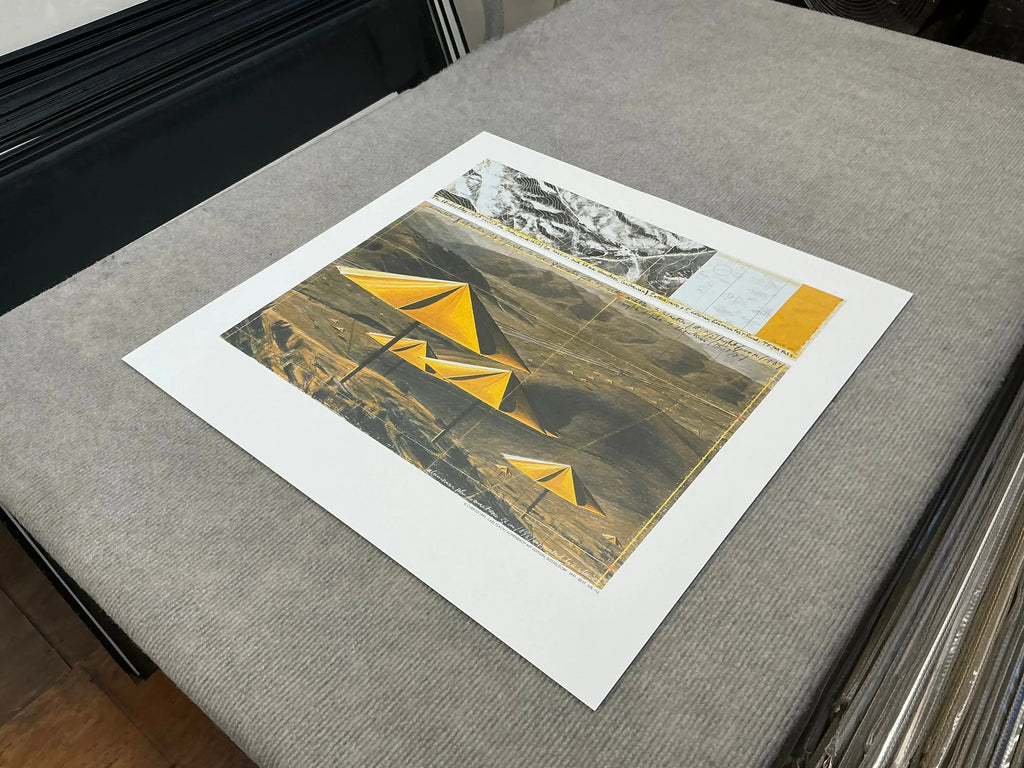 Offset lithograph poster of Christo & Jeanne-Claude's Yellow Umbrellas from the 1991 exhibition, featuring vibrant yellow umbrellas.