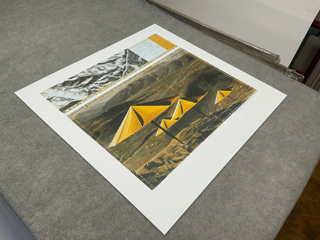 Offset lithograph poster of Christo & Jeanne-Claude's 1991 Yellow Umbrellas exhibition, featuring vibrant yellow umbrella artwork.