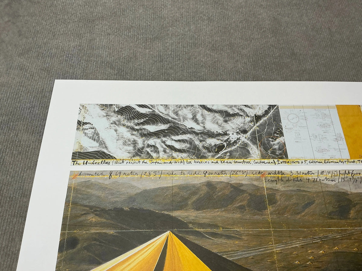 Offset lithograph poster of Javacheff Christo's Yellow Umbrellas from the 1991 exhibition by Christo & Jeanne-Claude.