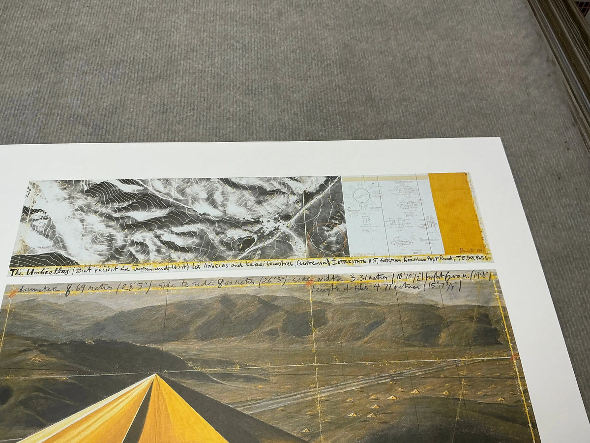 Offset lithograph poster of Christo & Jeanne-Claude's 1991 Yellow Umbrellas exhibition by Javacheff Christo