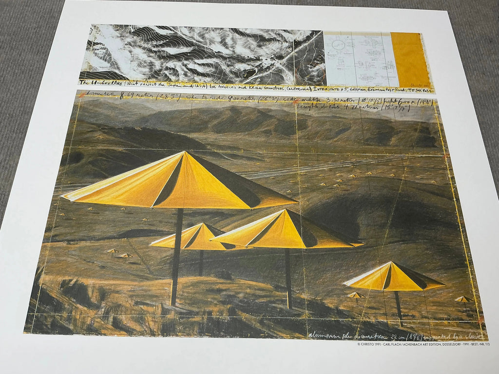 Offset lithograph poster of Christo & Jeanne-Claude's The Yellow Umbrellas 1991 exhibition, featuring vibrant yellow umbrellas.