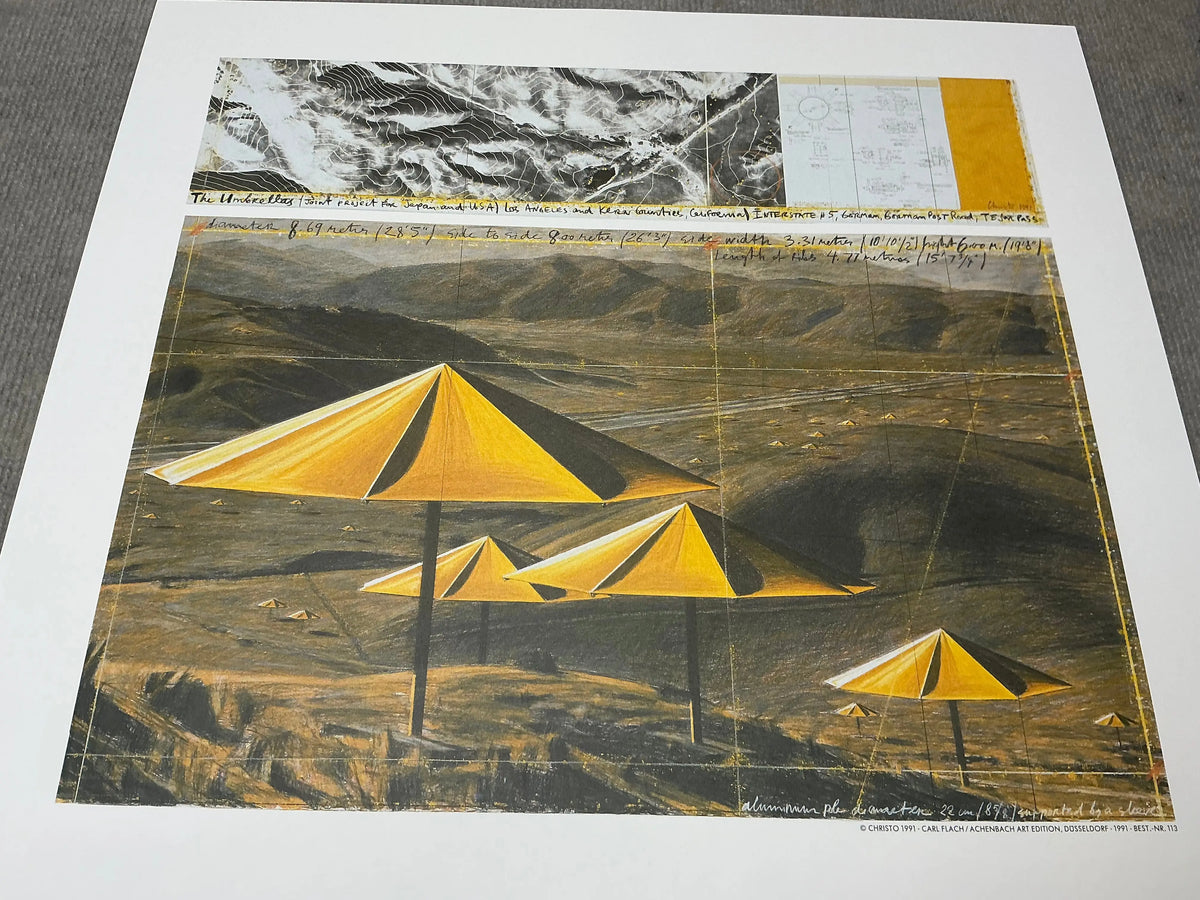 Offset lithograph poster of Christo & Jeanne-Claude's The Yellow Umbrellas 1991 exhibition, featuring vibrant yellow umbrellas.