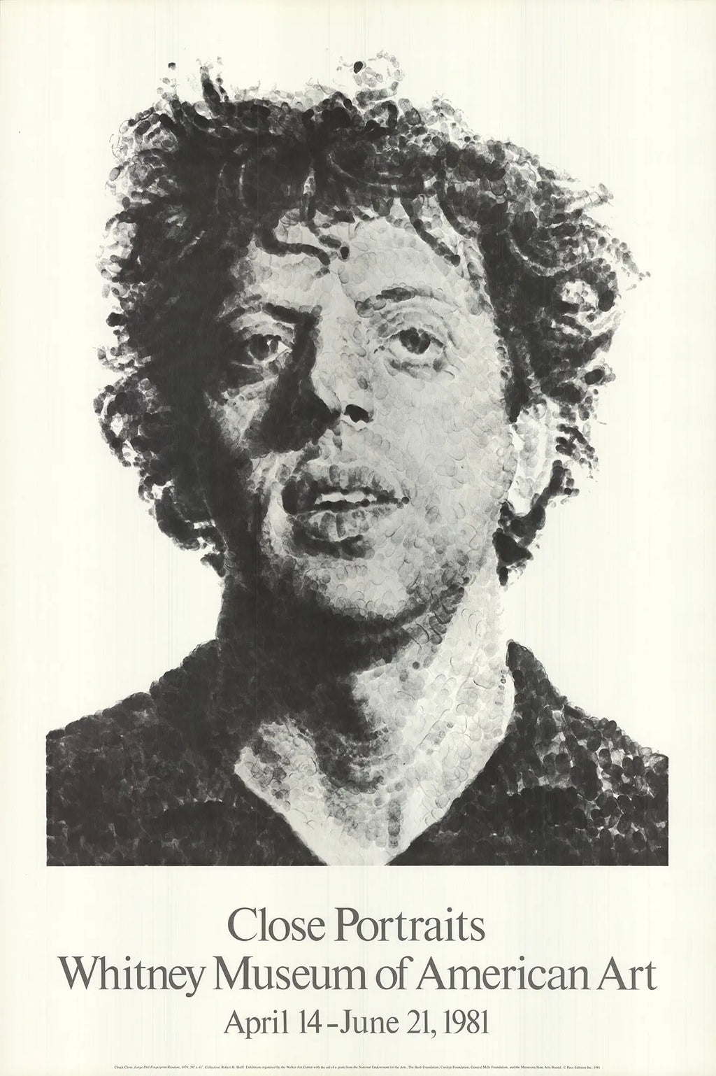 Large Chuck Close Phil Fingerprint 1981 Whitney Museum exhibition poster featuring a detailed portrait by Chuck Close.