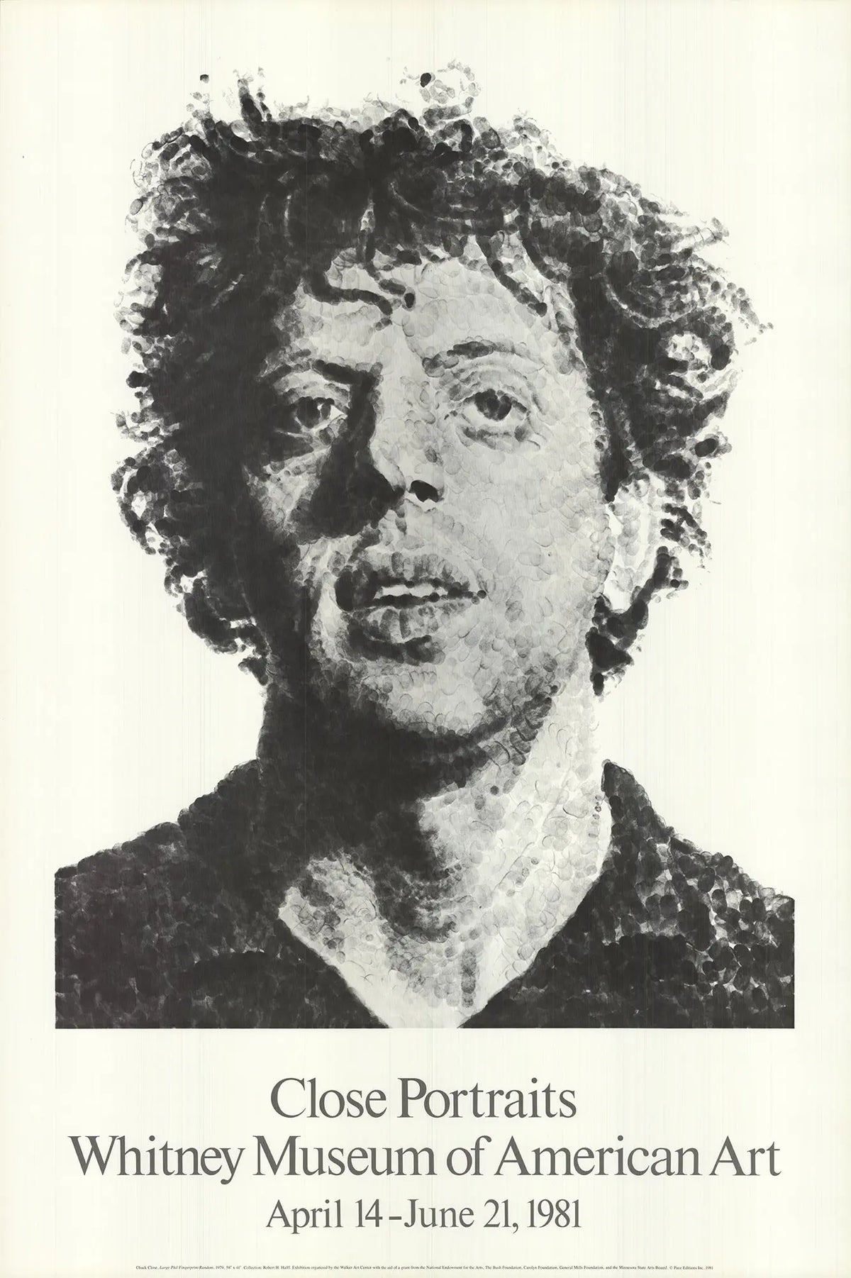 Large Chuck Close Phil Fingerprint 1981 Whitney Museum exhibition poster featuring a detailed portrait by Chuck Close.