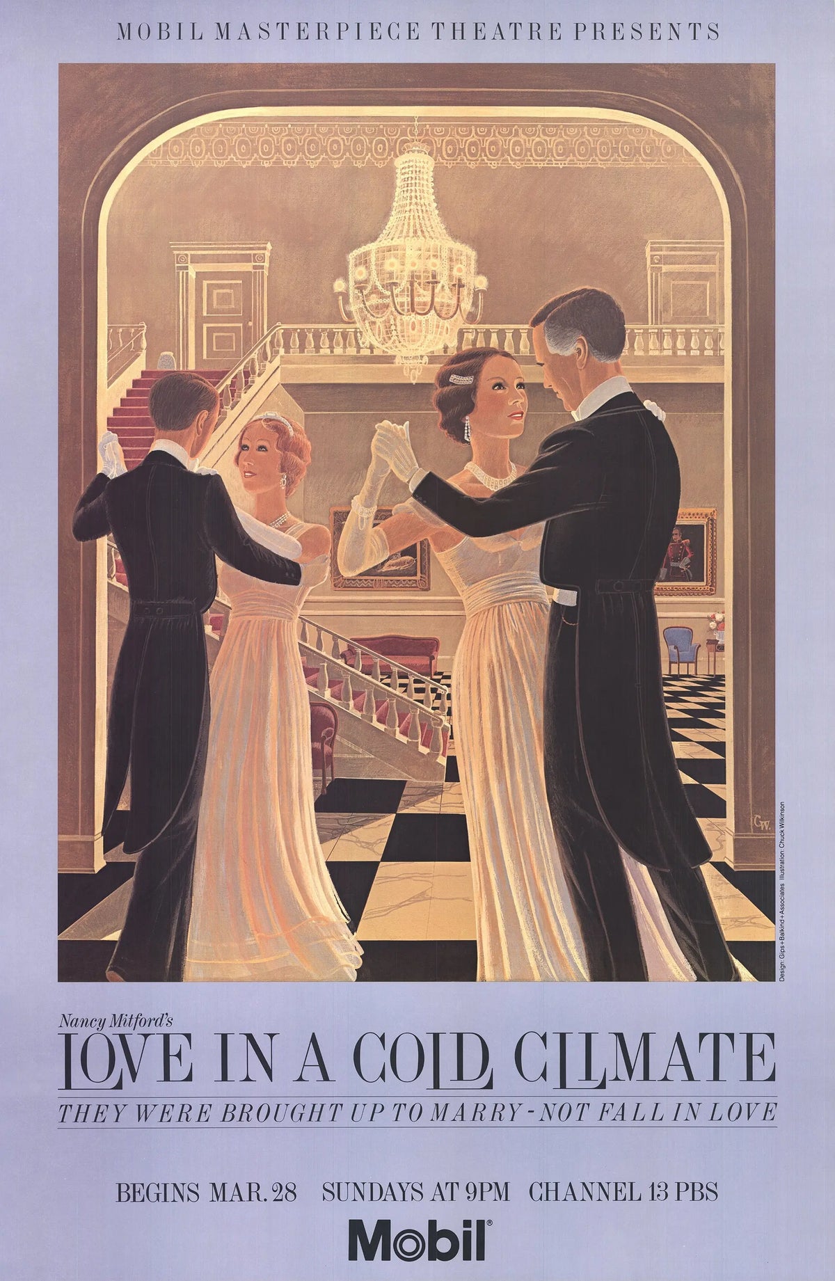 Vintage 1980 Chuck Wilkinson "Love in a Cold Climate" exhibition poster featuring bold graphic art and striking typography.