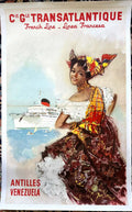 Vintage French Line Antilles cruise poster by Albert Brenet, 1950, showcasing a colorful illustration of a passenger ship.