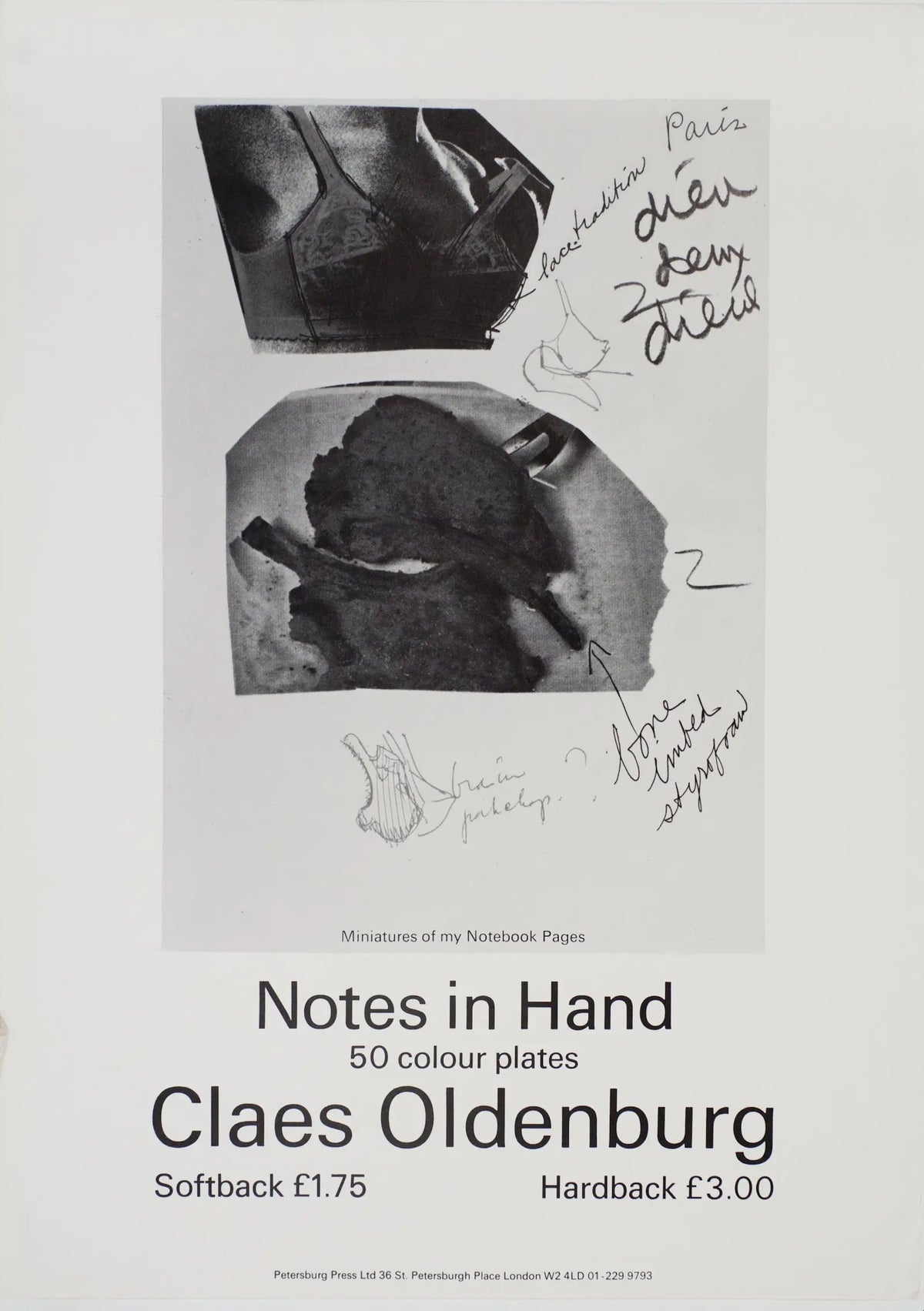 Claes Oldenburg Notes in Hand original 1972 offset lithograph poster showing handwritten notes and sketches by the artist.