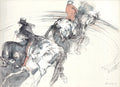 Signed original 1985 lithograph art print by Claude Weisbuch featuring two horsemen, showcasing detailed and vibrant artwork.