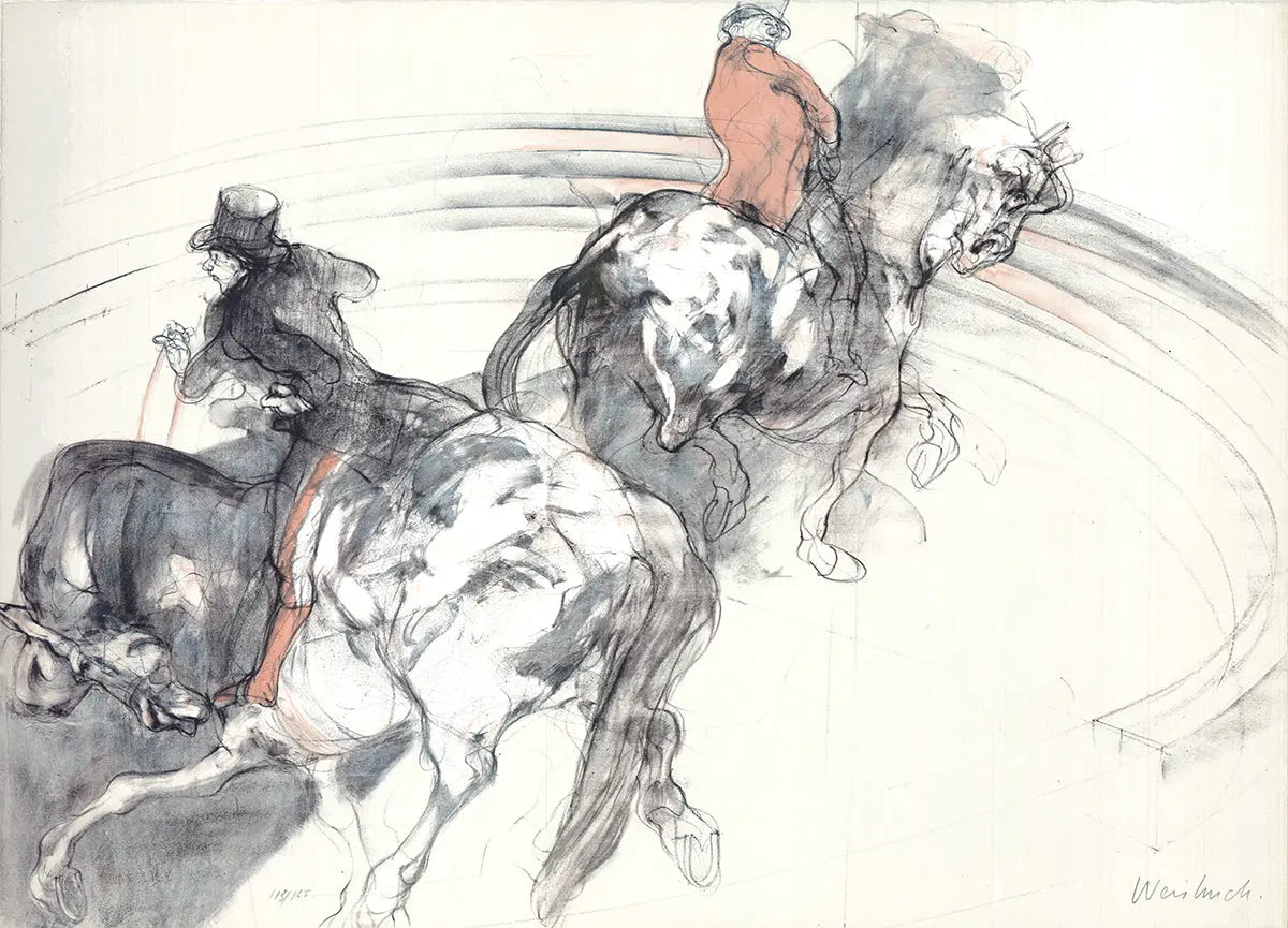 Signed original 1985 lithograph art print by Claude Weisbuch featuring two horsemen, showcasing detailed and vibrant artwork.