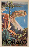 Original 1930 Monaco PLM travel poster by Clerisi, vintage lithograph on linen featuring Monaco landmarks and scenic views.