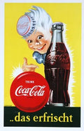 Vintage 1950s Coca-Cola lithograph poster by Raymond Savignac featuring classic Coca-Cola branding and colorful retro design.