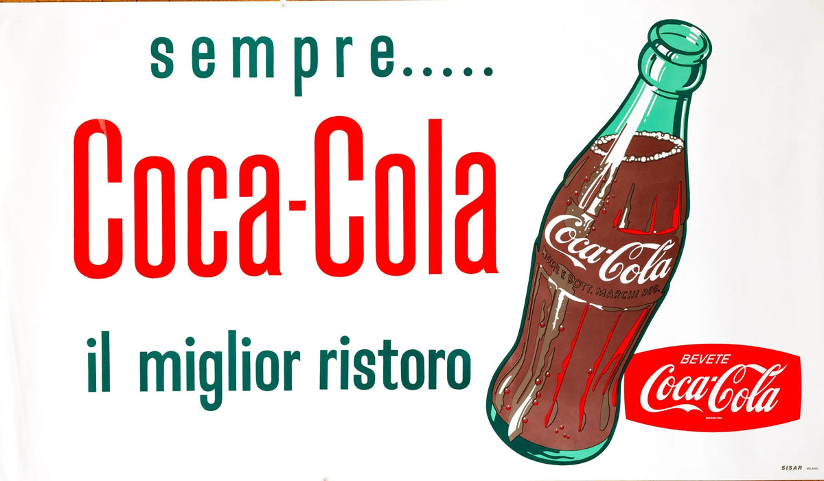Vintage 1961 Italian Coca-Cola lithograph poster featuring classic Coca-Cola branding by Sisar Milano.
