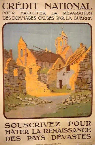 Original 1920 French War Bond Reconstruction poster by Constant-Duval, featuring patriotic imagery and vintage design.
