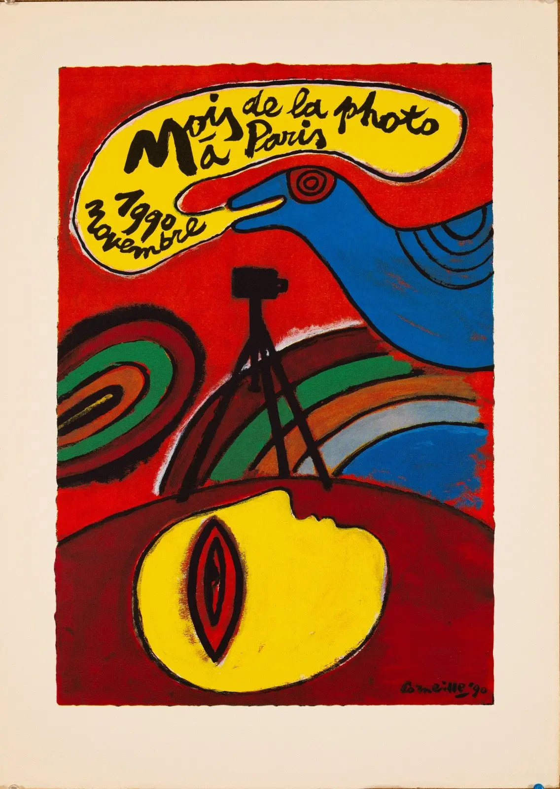 Original Corneille silkscreen print from the Mois de La Photo exhibition in Paris, 1990, showcasing vibrant abstract artwork.