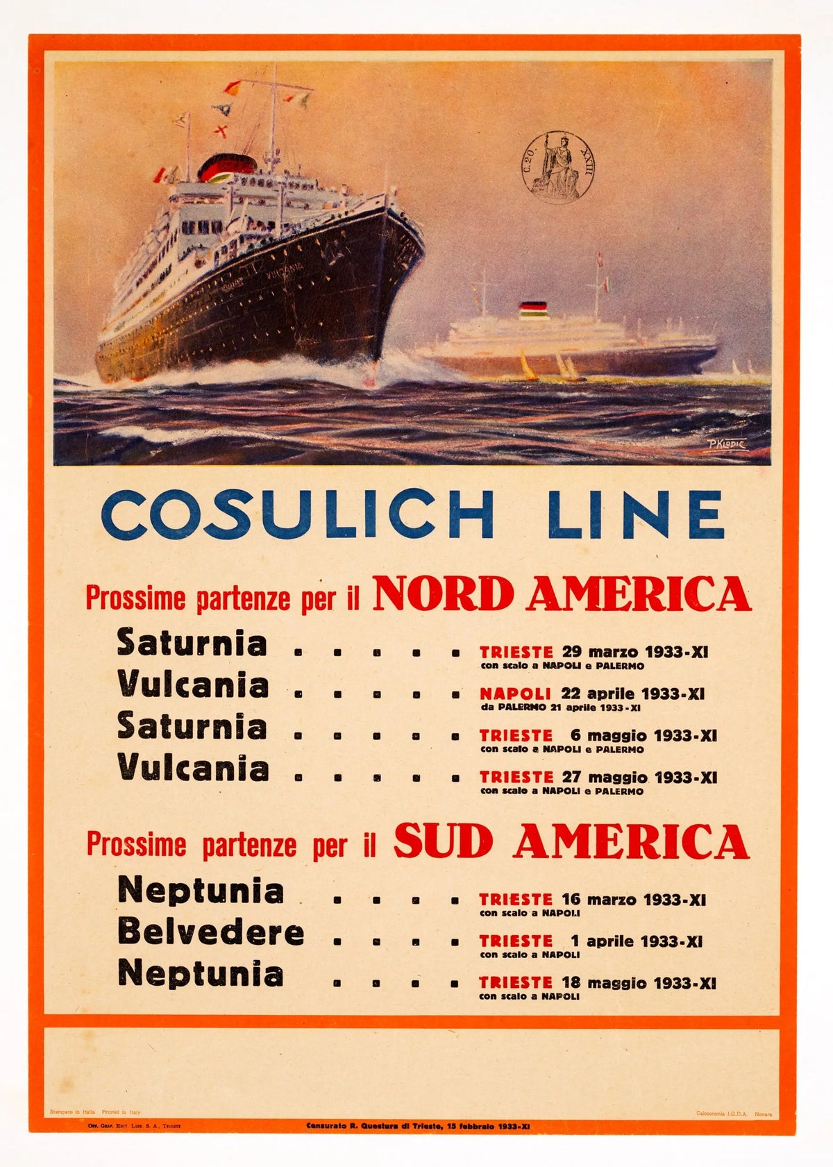 Original 1933 Cosulich Line Klodic Italian travel poster lithograph showing vintage maritime artwork and travel scene.