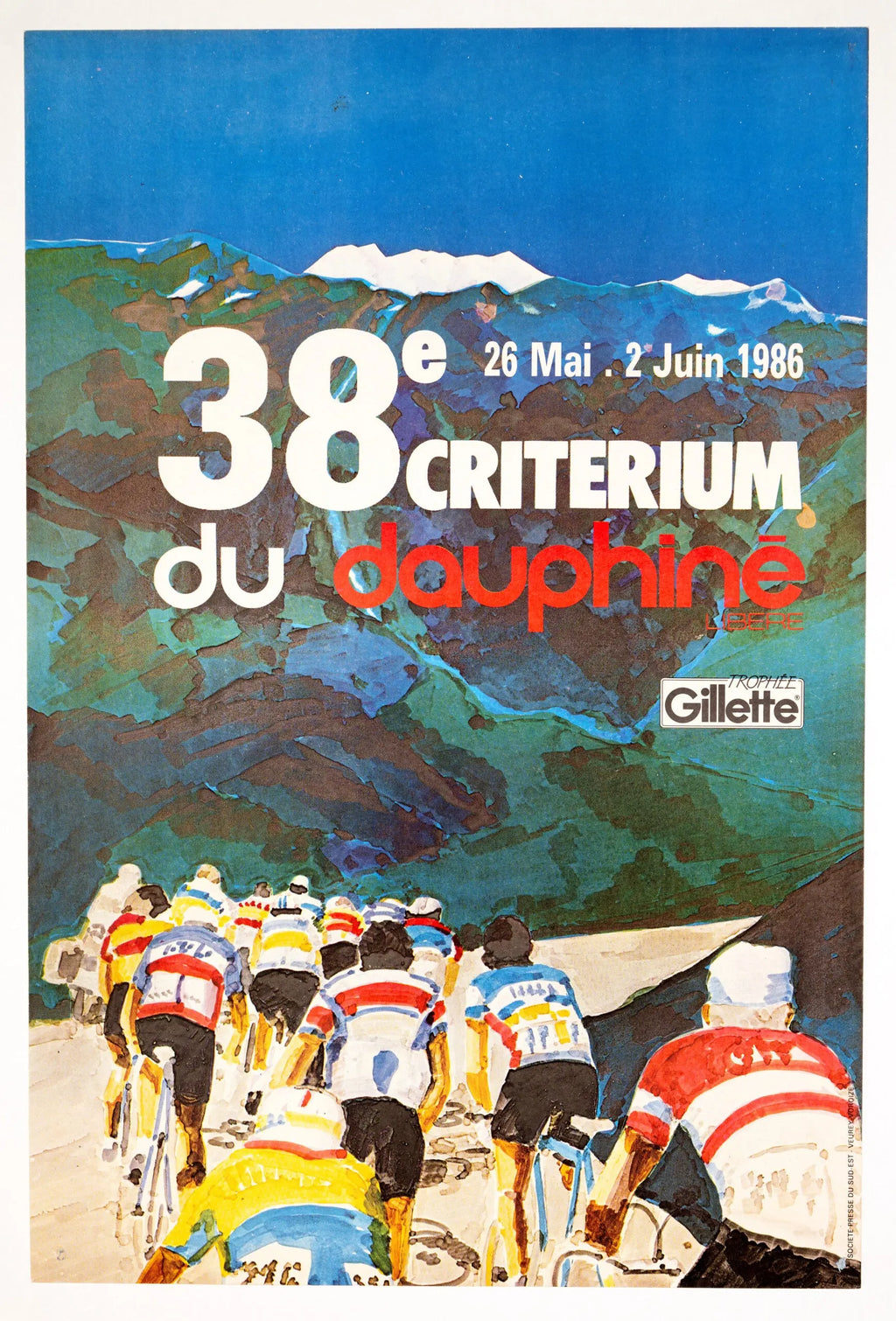 Vintage 1986 Critérium du Dauphiné Libéré cycling lithograph poster, featuring classic race imagery and bold graphic design.