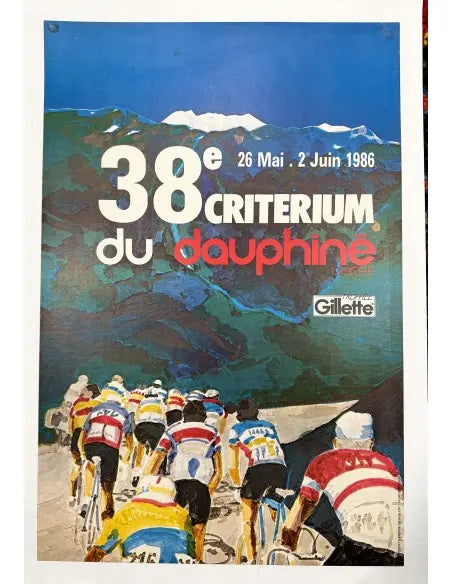 Vintage 1986 Critérium du Dauphiné Libéré cycling lithograph poster, featuring classic race artwork and bold event branding.