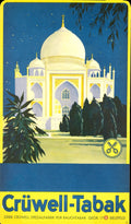 Vintage 1930s Crüwell Tabak Taj Mahal tobacco advertising poster featuring colorful Taj Mahal illustration and classic vintage design.