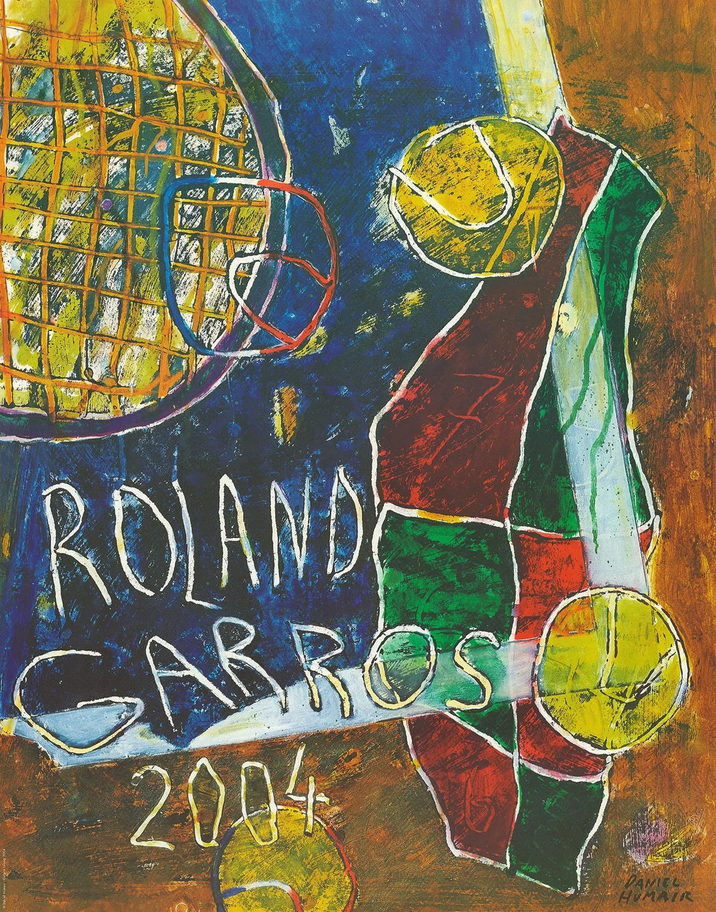 Original lithograph art poster of Daniel Humair at 2004 Roland Garros French Open, featuring vibrant abstract design.