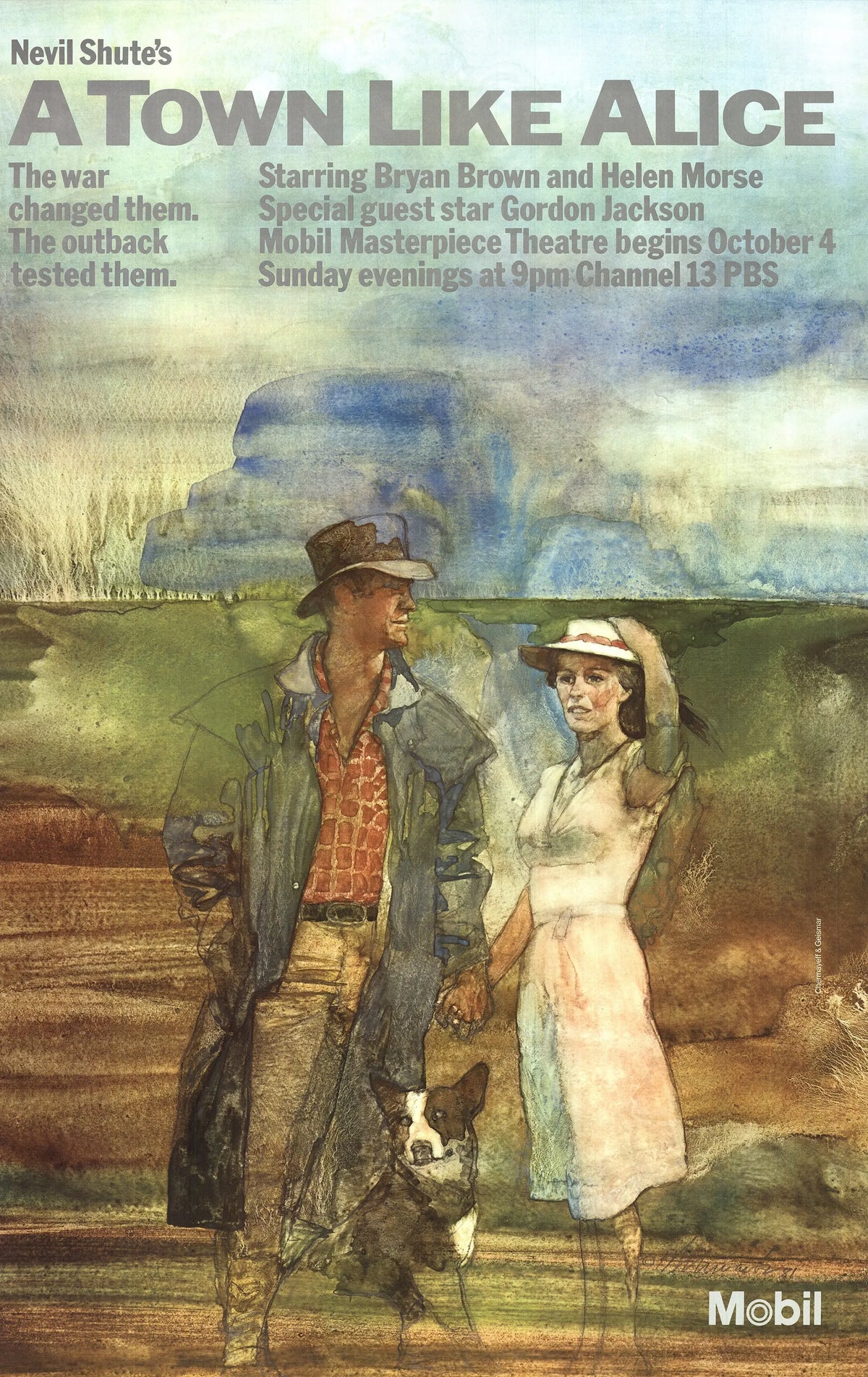 Daniel Schwartz A Town Like Alice 1981 Masterpiece Theatre exhibition poster featuring artwork from the classic television series.