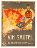 Vintage 1910 Art Nouveau lithograph poster of Vin Sautel French wine by David Dellepiane featuring elegant wine imagery.