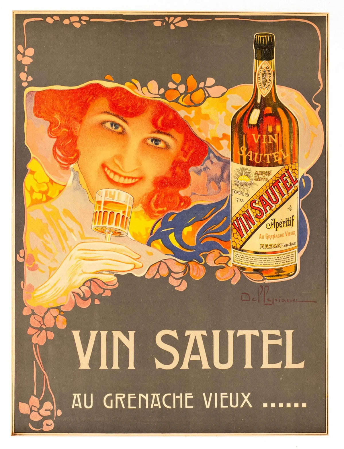Vintage 1910 Art Nouveau lithograph poster of Vin Sautel French wine by David Dellepiane featuring elegant wine imagery.