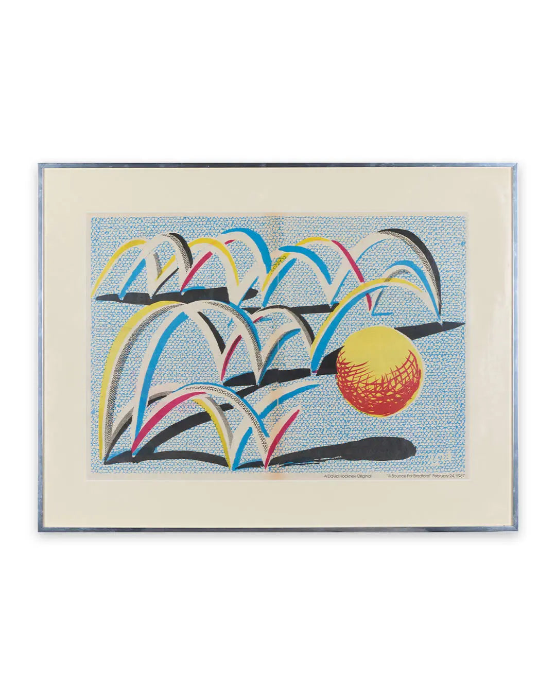 Signed framed lithograph of David Hockney's "A Bounce for Bradford" from 1987, featuring vibrant abstract artwork.
