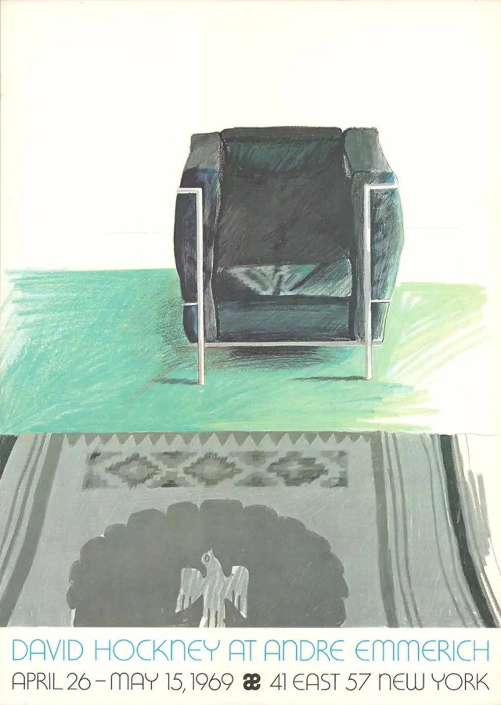 David Hockney Corbusier Chair and Rug 1981 offset lithograph print showcasing modern furniture and textile design in vibrant colors.