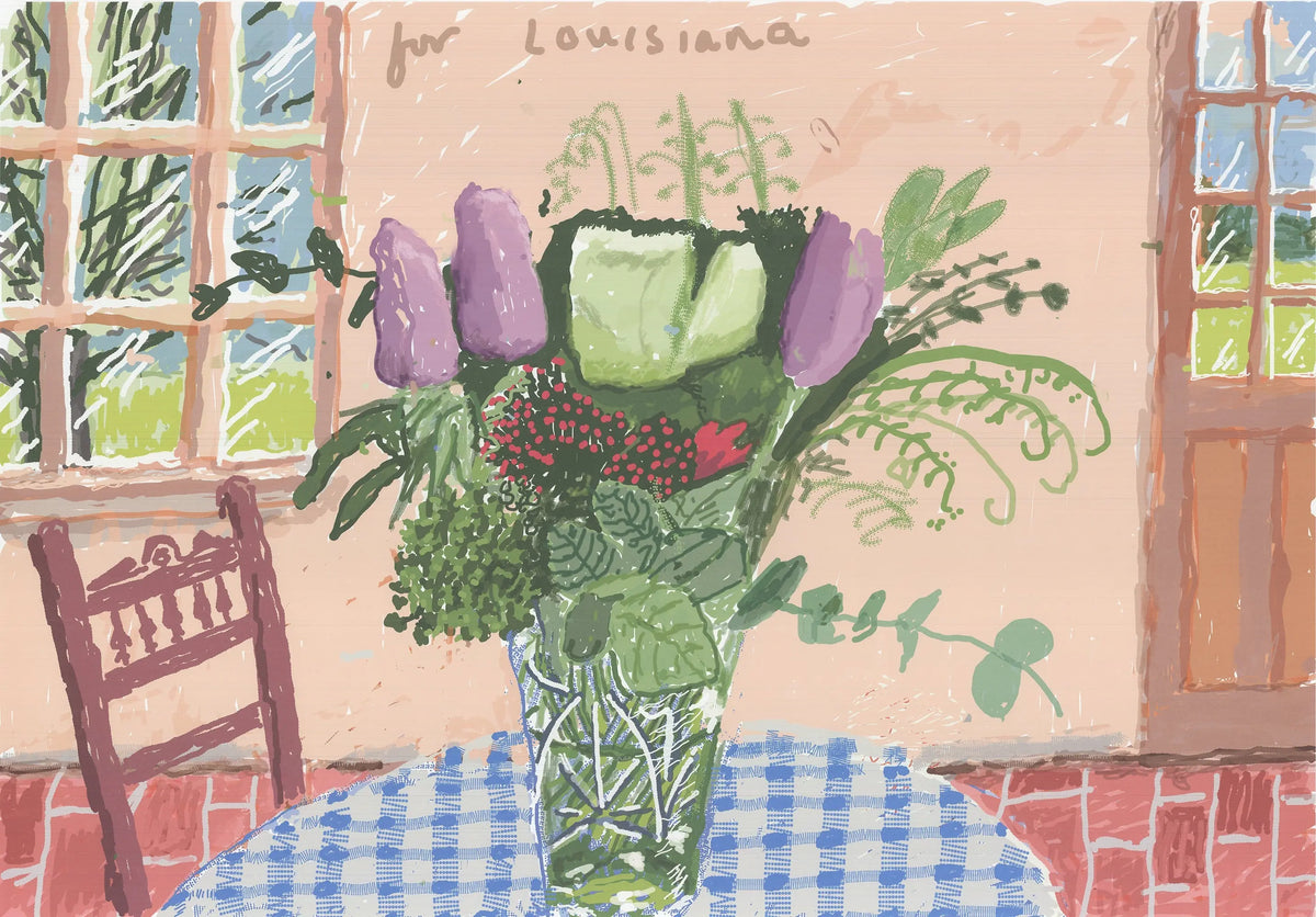 David Hockney Louisiana 2020 limited edition exhibition giclee poster featuring vibrant artwork and bold colors.