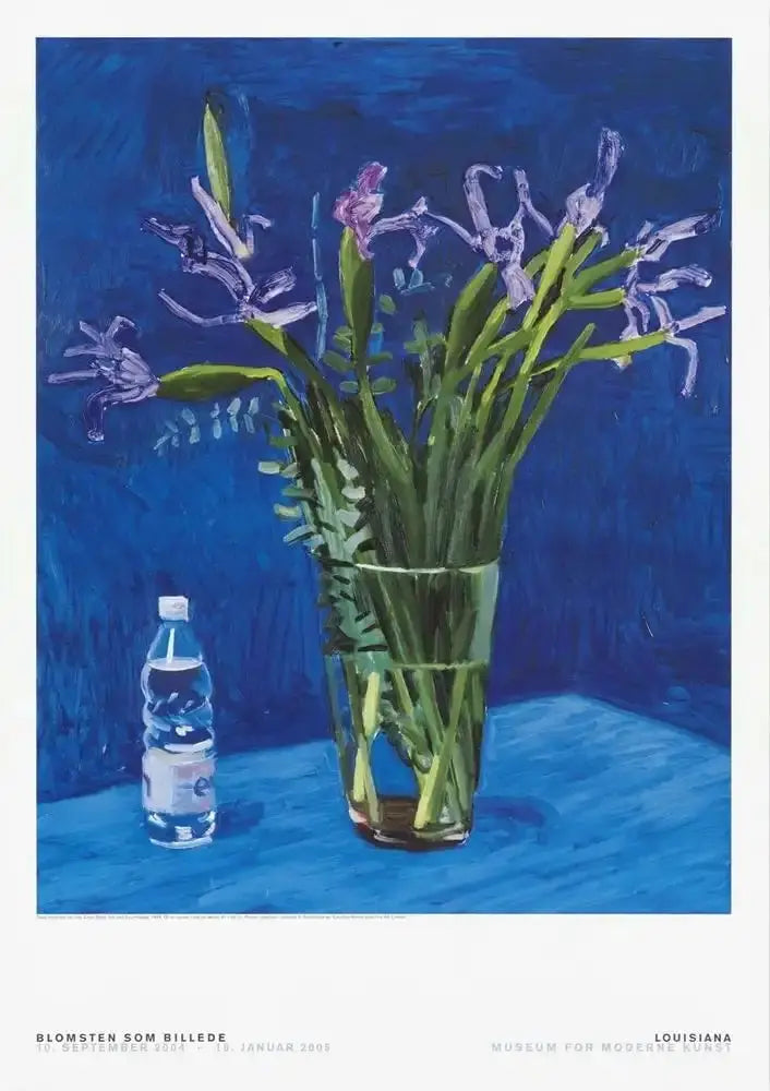 David Hockney Iris with Evian bottle offset lithograph art poster featuring vibrant colors and detailed floral and bottle imagery.