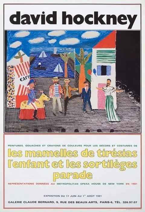 David Hockney Les Mamelles de Tiresias 1981 offset lithograph print showing vibrant abstract shapes and bold colors.