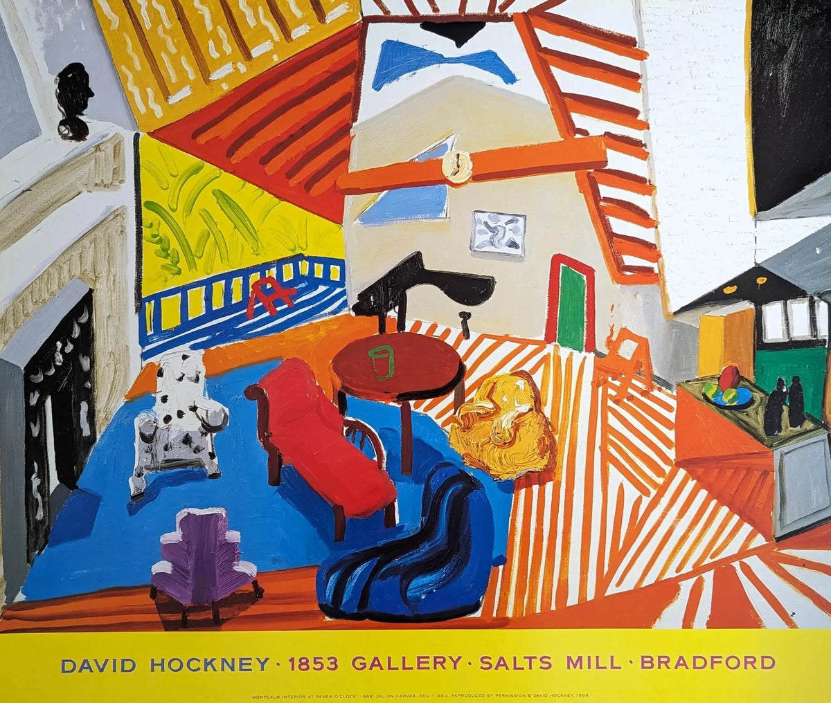 David Hockney Montcalm Interior at 7 o'clock offset lithograph print showing vibrant interior scene with bold colors and abstract design