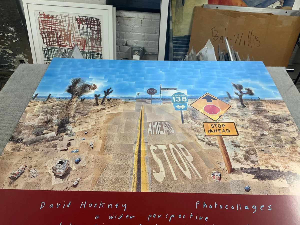 David Hockney Pearblossom Highway 1986 lithograph art poster showing vibrant landscape with bright colors and abstract trees.
