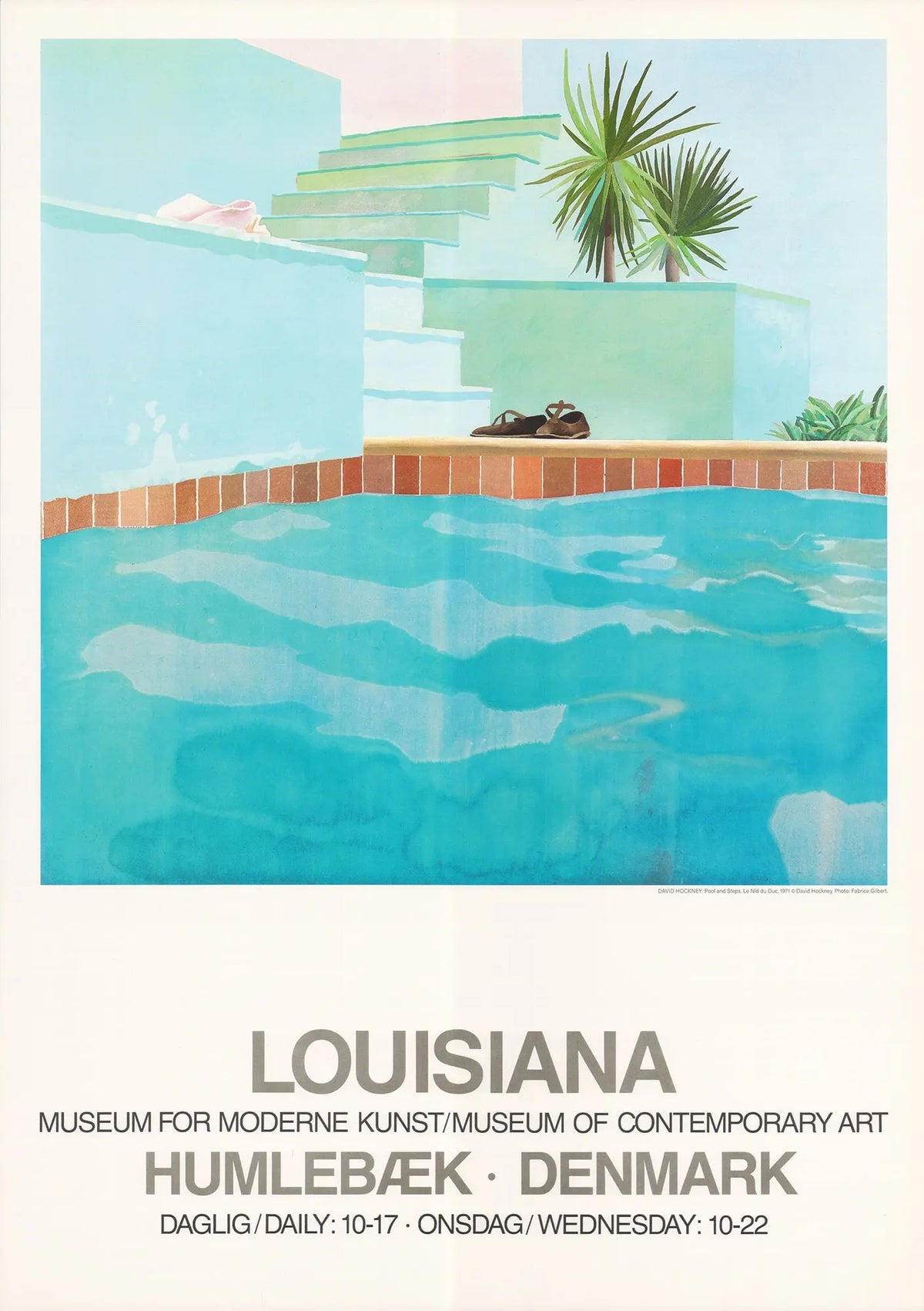 Limited edition David Hockney lithograph poster featuring a pool and steps, showcasing vibrant colors and artistic detail.