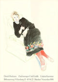 Limited edition lithograph by David Hockney featuring a portrait of Celia in a black dress, showcasing vibrant colors and artistic detail.