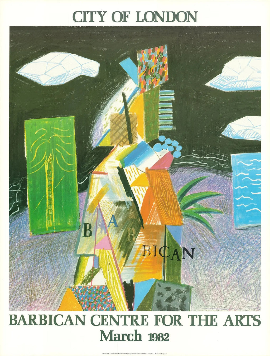 Original David Hockney 1982 Cubistic Bar Barbican Exhibition lithograph art poster showcasing abstract geometric shapes and bold colors.