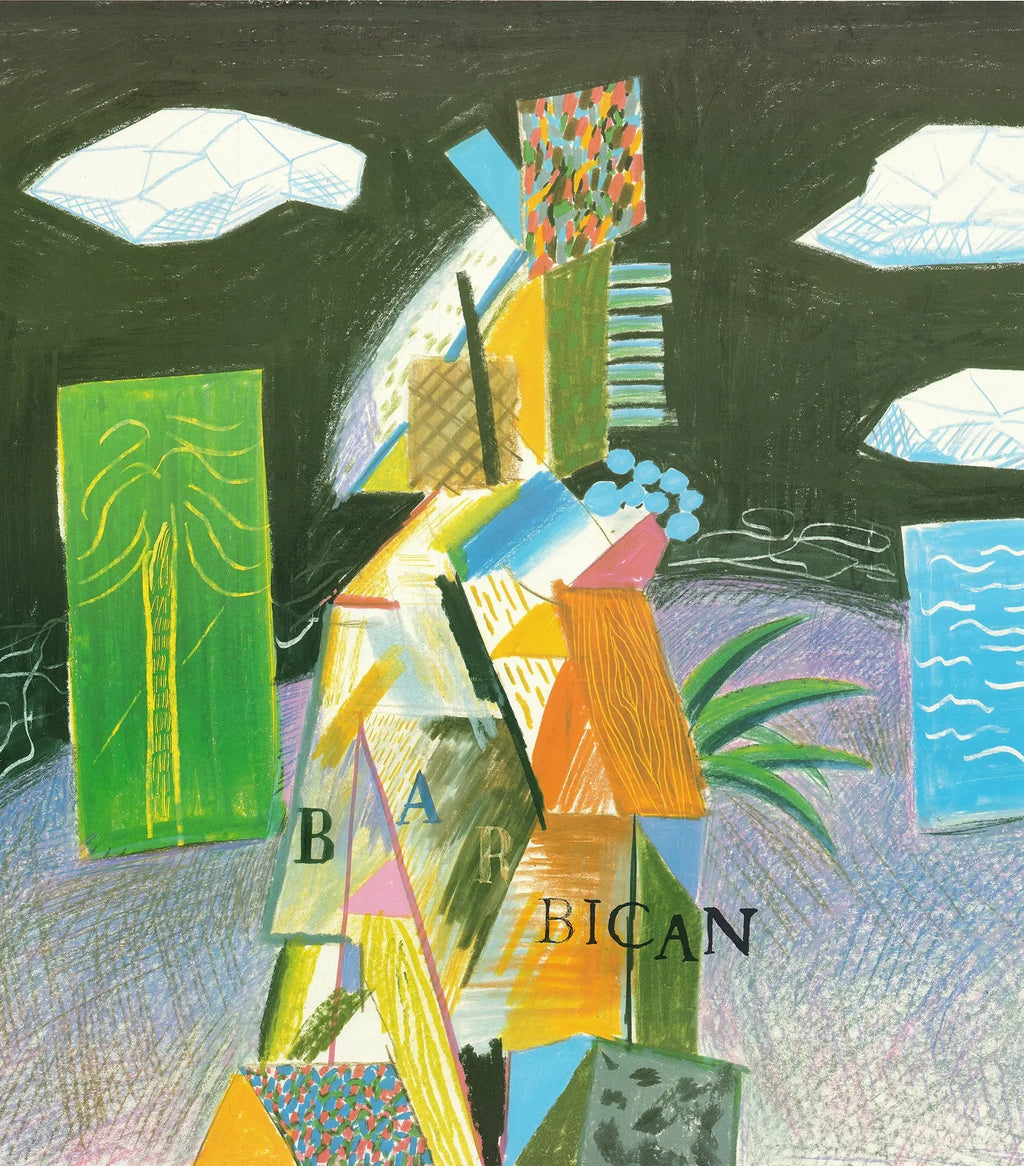 Original David Hockney 1982 Cubistic Bar Barbican exhibition lithograph art poster showcasing abstract geometric designs and vibrant colors.