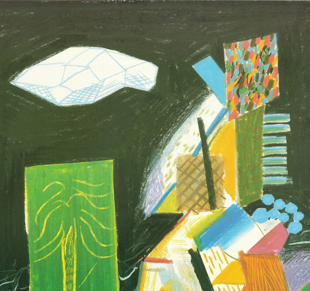 Original David Hockney 1982 Cubistic Bar Barbican Exhibition lithograph art poster showing abstract geometric shapes and vivid colors.